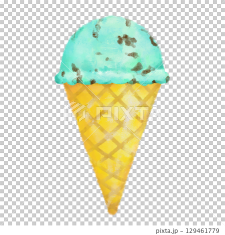 手描きのおしゃれなアイスクリーム　コーン　チョコミント 129461779