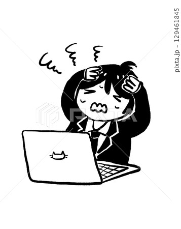 パソコンの前で頭を抱える男性のイラスト 129461845