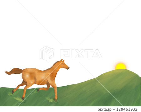 走る馬のイラスト　朝日に向かって疾走する　年賀状などに 129461932