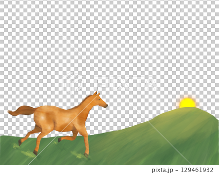 走る馬のイラスト　朝日に向かって疾走する　年賀状などに 129461932