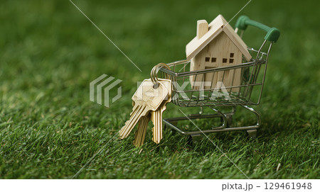Small wooden house model placed inside miniature shopping cart with set of keys hanging on side, on grassy surface, symbolizing home ownership or real estate 129461948