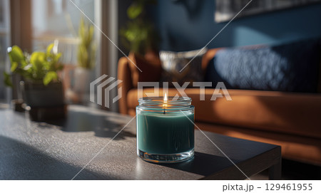 Teal candle clear glass jar warm glow provides cozy atmosphere indoor sunny day. Sunlight streams through window, creating relaxing mood for tranquil moment home. Pleasant scent fills air 129461955