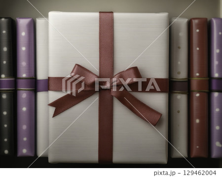 Timeless white textured gift box tied with a rich red satin ribbon, surrounded by elegantly wrapped presents, ideal for Christmas, weddings, or romantic occasions. 129462004