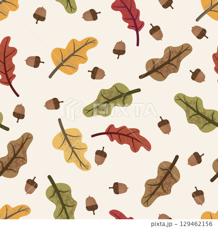 Colorful autumn oak leaves and acorns seamless pattern on off white background Colorful autumn oak leaves and acorns seamless pattern on off white background 129462156