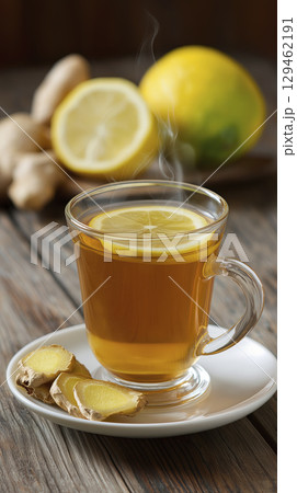Comforting glass of ginger tea with lemon slice and dried lemons radiates warmth. drink evokes sense of well being and tranquility for peaceful moment 129462191