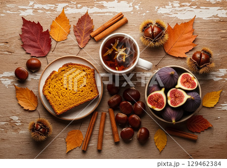 Autumn Snack with Chestnuts, Figs, and Pumpkin Bread Autumn Snack with Chestnuts, Figs, and Pumpkin Bread 129462384