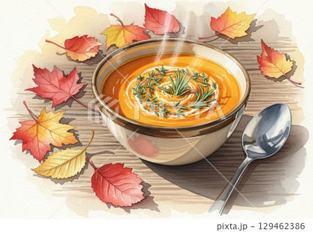 Autumn Pumpkin Soup Watercolor Illustration 129462386