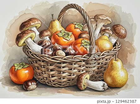 Autumn Harvest Basket Watercolor Illustration Autumn Harvest Basket Watercolor Illustration 129462387