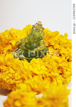 Emerald green Ganesha Statue god is the Lord of Success God of Hinduism on Marigold flowers Isolated on white background. Emerald green Ganesha Statue god is the Lord of Success God of Hinduism on Marigold flowers Isolated on white background. 129462394