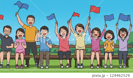 運動会で旗を振って応援する保護者と観客 129462529