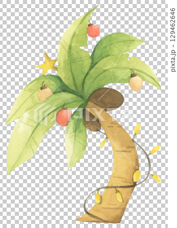Watercolor palm tree with Christmas ornaments 129462646