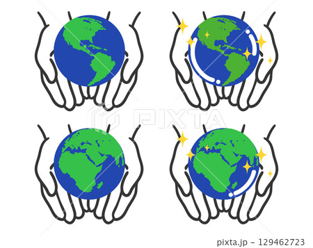 両手に地球を乗せたイラスト（アメリカ・アフリカ周辺）　ベクター 129462723