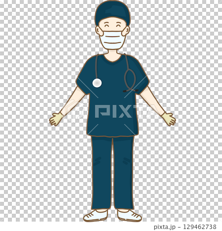 A cartoon illustration of a smiling doctor wearing navy blue scrubs, a surgical cap, gloves, a face mask, and a stethoscope around the neck, for labor day. 129462738