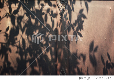 Tree shadows in the garden on antique thai style wooden window on brick wall. Vintage concept. 129462937