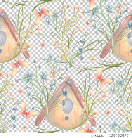 Cozy birdhouse with tiny blue flowers and butterflies. Spring garden watercolor seamless pattern isolated. Hand painted wild flowers forget me not in soft color. Repeat floral background for children. Cozy birdhouse with tiny blue flowers and butterflies. Spring garden watercolor seamless pattern isolated. Hand painted wild flowers forget me not in soft color. Repeat floral background for children. 129462975