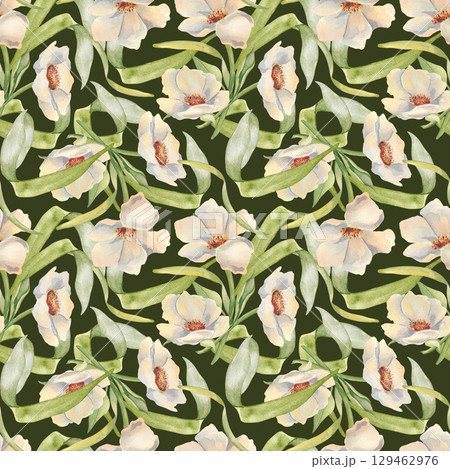 Delicate watercolor floral pattern with white peonies and lush foliage on dark background. Seamless hand painted botanical design with flowers. Vintage elegant repeat for textile, fashion prints. Delicate watercolor floral pattern with white peonies and lush foliage on dark background. Seamless hand painted botanical design with flowers. Vintage elegant repeat for textile, fashion prints. 129462976
