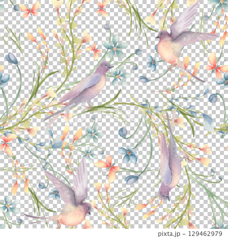 Wild field flowers and birds watercolor seamless pattern for girl. Printing with small blue pink flowers and swallows hand drawn. Ditsy floral print colorful flowers. Cute garden pattern on white. Wild field flowers and birds watercolor seamless pattern for girl. Printing with small blue pink flowers and swallows hand drawn. Ditsy floral print colorful flowers. Cute garden pattern on white. 129462979