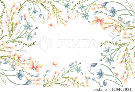 Spring gentle tiny flowers watercolor border isolated. Cute floral frame hand painted. Peach yellow and blue wildflowers butterflies sketch. Spring Flowers frame for kids. Meadow flowers illustration. 129462981