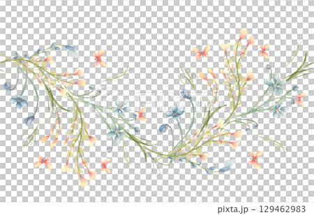 Delicate watercolor floral seamless border with soft peach yellow and blue wildflowers and butterflies isolated. Tiny flowers hand drawn botanical sketch. Soft flowers repeat horizontal background. Delicate watercolor floral seamless border with soft peach yellow and blue wildflowers and butterflies isolated. Tiny flowers hand drawn botanical sketch. Soft flowers repeat horizontal background. 129462983