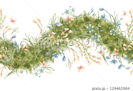 Rustic moss seamless border with tiny pink and blue flowers isolated on white. Hand drawn watercolor horizontal botanical repeated border with spring wildflowers, grasses and butterflies for textile. 129462984