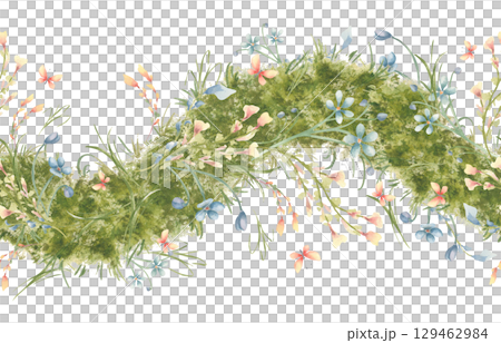 Rustic moss seamless border with tiny pink and blue flowers isolated on white. Hand drawn watercolor horizontal botanical repeated border with spring wildflowers, grasses and butterflies for textile. 129462984