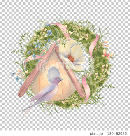 Birdhouse with watercolor greenery wreath and white flowers isolated. Soft pink ribbons and spring grass and plants, bird swallow hand drawn. Moss wreath country style. Spring illustration with bird. Birdhouse with watercolor greenery wreath and white flowers isolated. Soft pink ribbons and spring grass and plants, bird swallow hand drawn. Moss wreath country style. Spring illustration with bird. 129462986