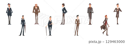 Victorian Gentleman in Elegant Suit with Respectful Manner Standing Vector Set 129463000