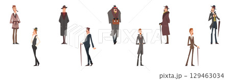Victorian Gentleman in Elegant Suit with Respectful Manner Standing Vector Set 129463034
