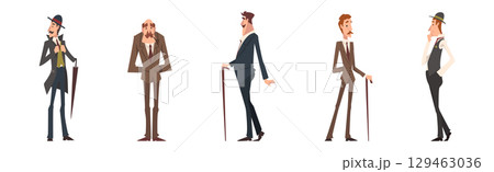 Victorian Gentleman in Elegant Suit with Respectful Manner Standing Vector Set Victorian Gentleman in Elegant Suit with Respectful Manner Standing Vector Set 129463036