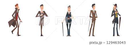 Victorian Gentleman in Elegant Suit with Respectful Manner Standing Vector Set 129463043