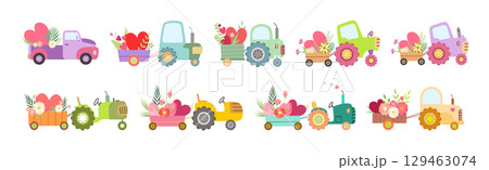 Cute Tractors with Cart Full of Flowers and Heart Vector Set 129463074