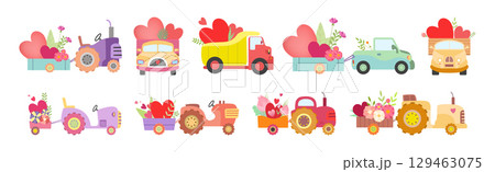 Cute Tractors with Cart Full of Flowers and Heart Vector Set 129463075