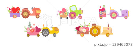 Cute Tractors with Cart Full of Flowers and Heart Vector Set Cute Tractors with Cart Full of Flowers and Heart Vector Set 129463078