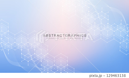 Modern scientific background with hexagons, lines and dots. Wave flow abstract background. Molecular structure for medical, technology, chemistry, science. Vector illustration 129463138