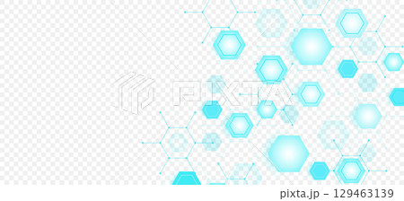 Health care or medical abstract background with hexagons, lines and dots. Scientific innovation banner template concept. Biology and pharmaceutical technology background. Vector illustration. 129463139