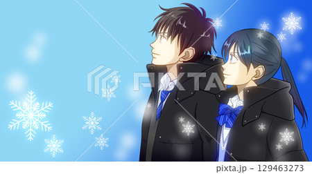 きらめく雪の結晶、冬の学生たちのアニメ風イラスト、左に余白 きらめく雪の結晶、冬の学生たちのアニメ風イラスト、左に余白 129463273