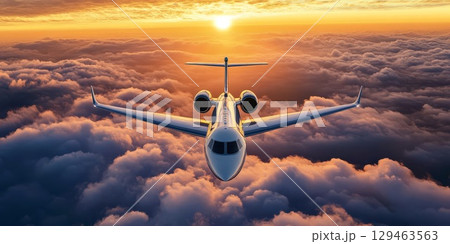 Private jet at sunset over golden clouds 129463563