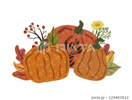 Pumpkins, leaves and flowers celebrating autumn holidays 129463622