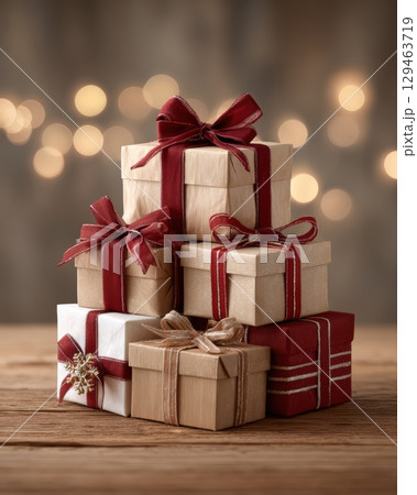 Festive Gift Boxes Warm Celebration In Beige, Gold White Festive Gift Boxes Warm Celebration In Beige, Gold White 129463719