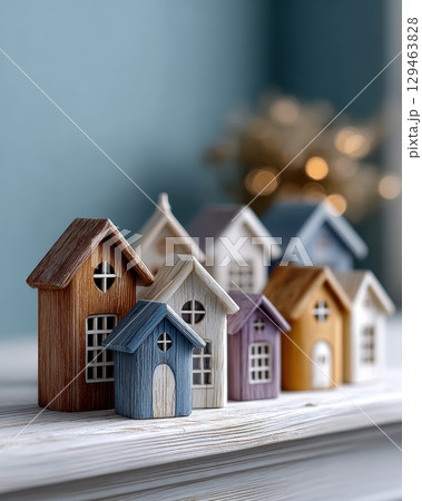 Miniature Houses Blue White Rustic Design On Natural Background Miniature Houses Blue White Rustic Design On Natural Background 129463828