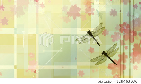 桜とトンボのシルエットが描く春の和風背景イラスト 桜とトンボのシルエットが描く春の和風背景イラスト 129463936