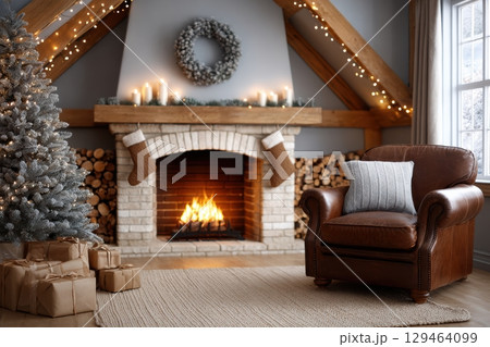Rustic Christmas Brown Armchair Relaxation By Brick Mantel Window 129464099