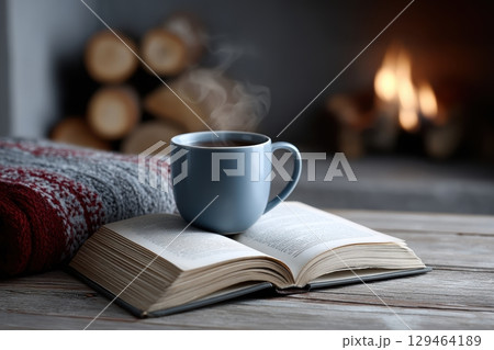 Warm Coffee Cozy Scene Rustic Lifestyle, Tranquil Blanket 129464189