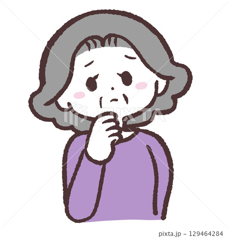 あごに手をあてて考え事するシニア女性のイラスト あごに手をあてて考え事するシニア女性のイラスト 129464284