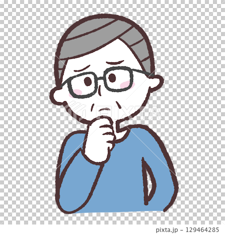 Illustration of a senior man thinking with his hand on his chin 129464285