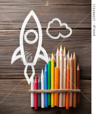Chalk Drawing Rocket On Rustic Wooden Concept New Artistic Journey With Cloud Colorful Pencils Composition Chalk Drawing Rocket On Rustic Wooden Concept New Artistic Journey With Cloud Colorful Pencils Composition 129464311
