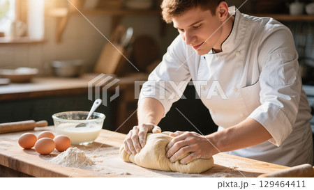 Young male chef kneading fresh dough on wooden table in rustic kitchen with ingredients ready for baking Young male chef kneading fresh dough on wooden table in rustic kitchen with ingredients ready for baking 129464411