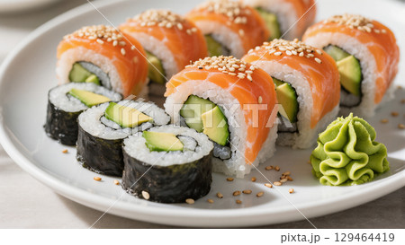Fresh sushi rolls with salmon, avocado, cucumber, and sesame seeds served with wasabi on white plate Fresh sushi rolls with salmon, avocado, cucumber, and sesame seeds served with wasabi on white plate 129464419