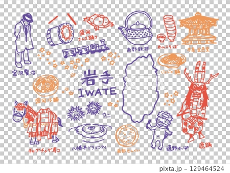 A set of cute and relaxed illustrations (pen drawings) of Iwate Prefecture 129464524