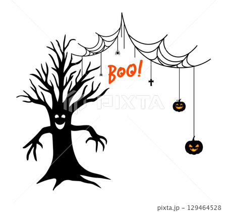 Halloween border with silhouettes of tree branches, pumpkin and spiderweb. 129464528